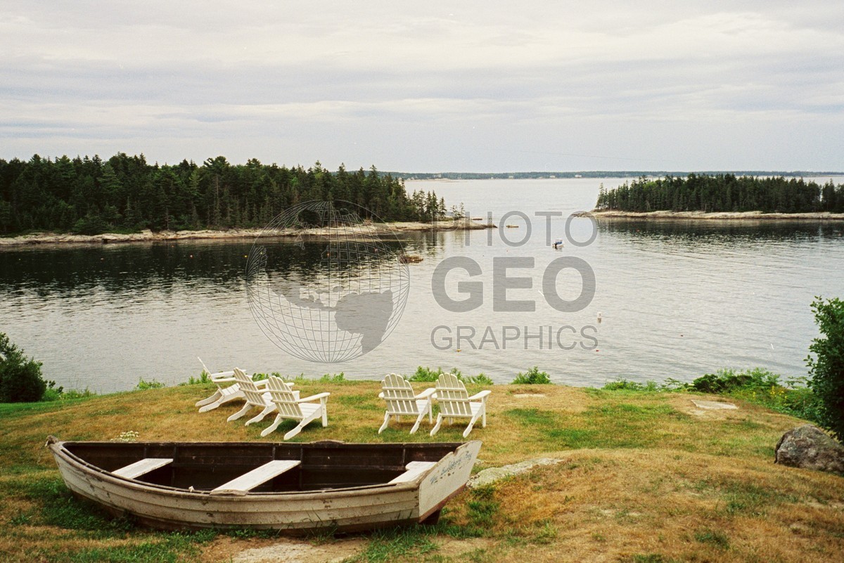 0159 Boat and Lawn Chairs Overlook Water, Greyhaven, ME
