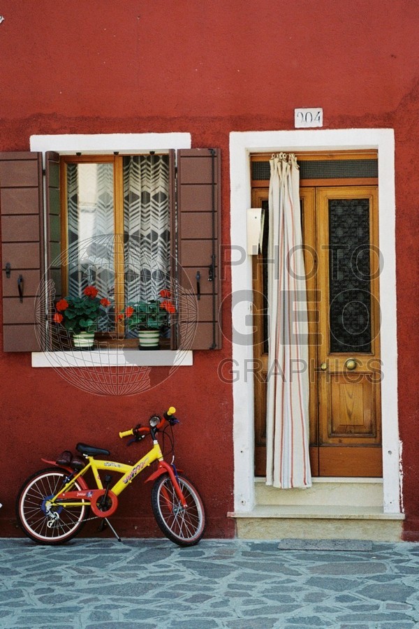 0205 Bicycle in Front of Red House, Burano, Italy