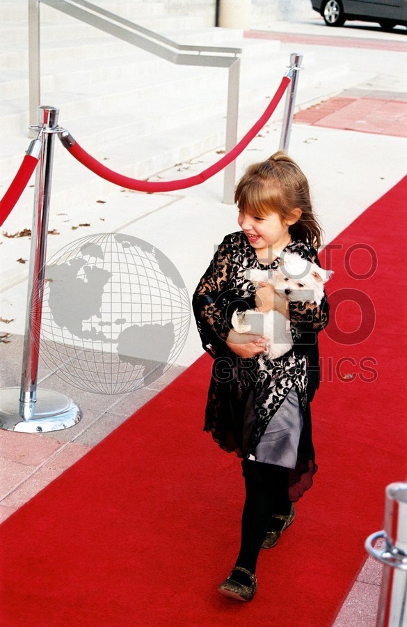 5241 Girl with White Puppy on Red Carpet