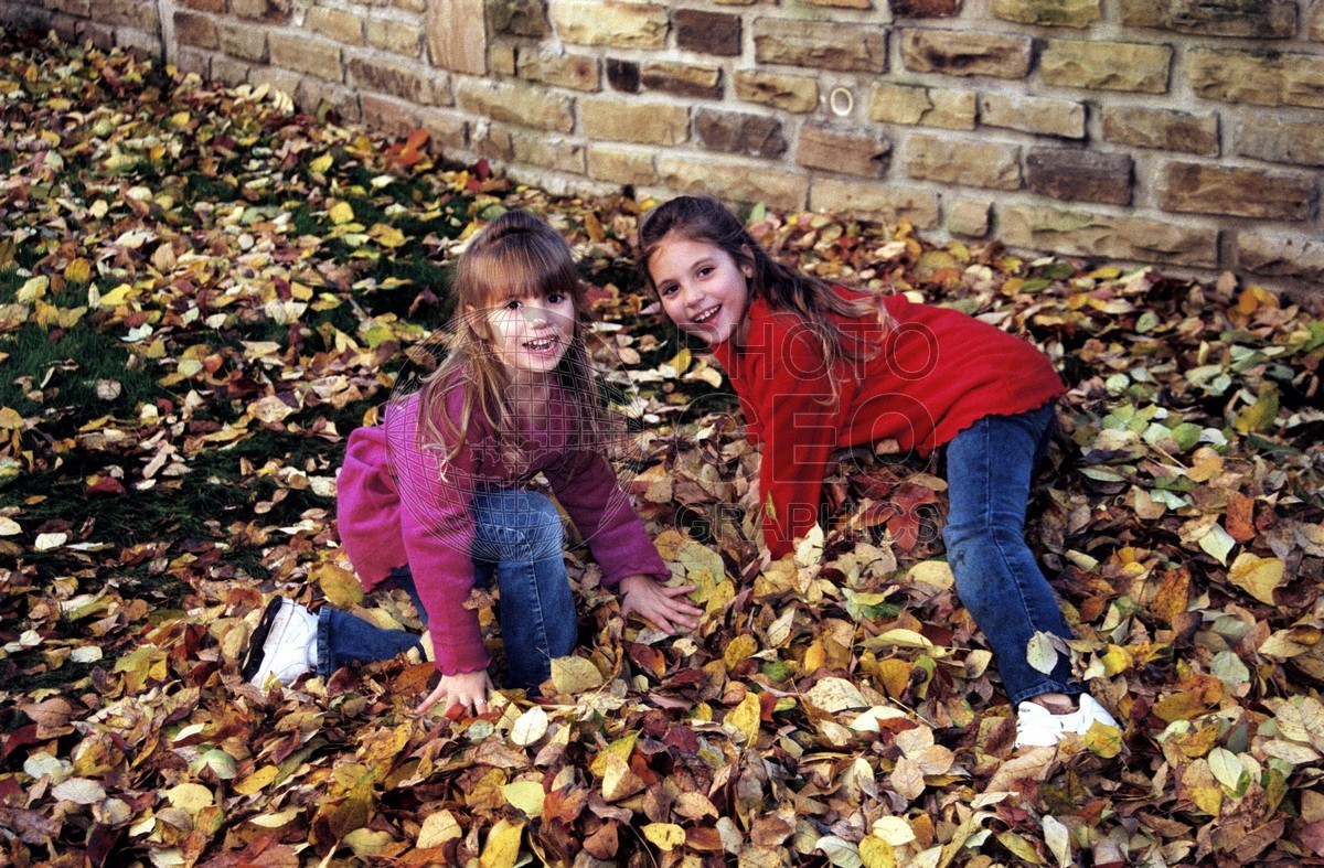 5286 Girls Playing in Fall Leaves